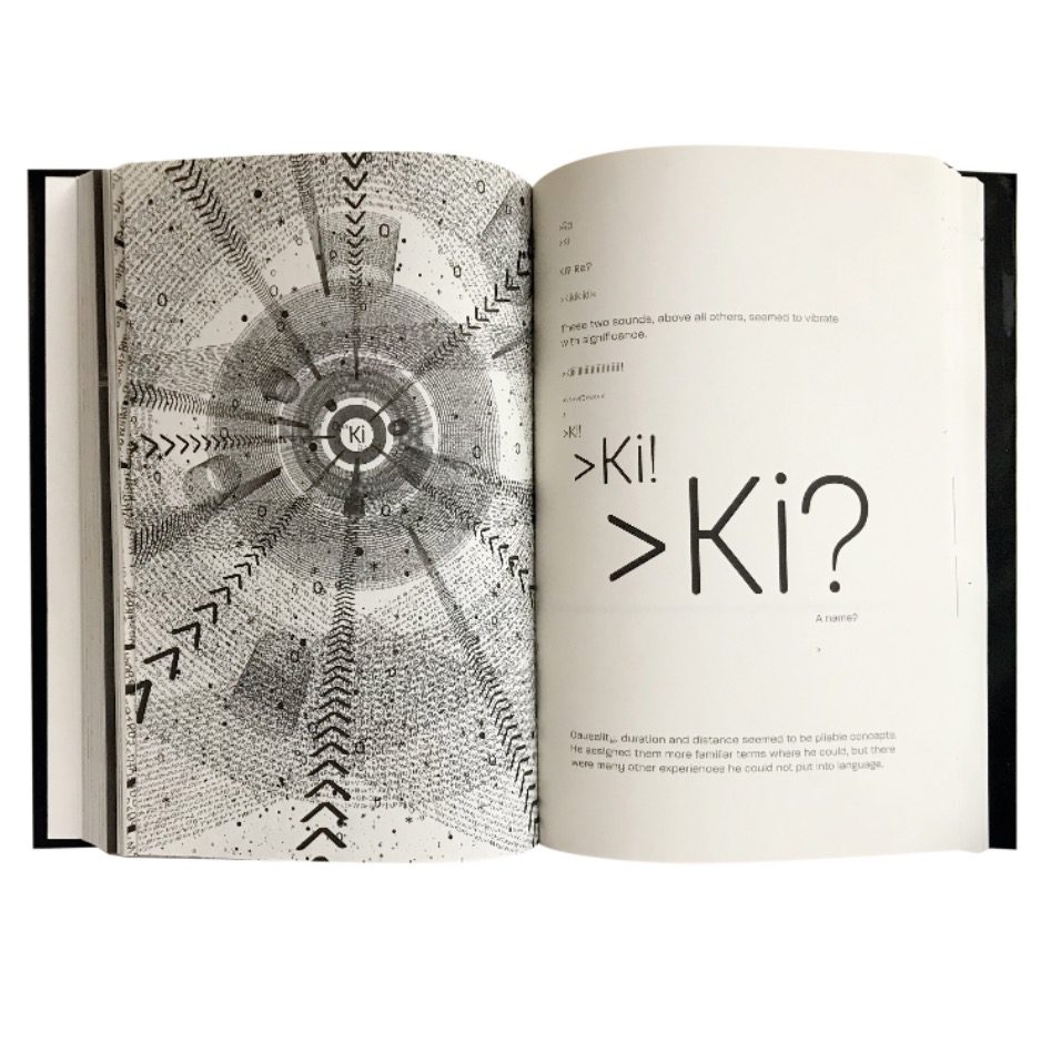 Images of 2 inside pages of the book. One is a crazy overlapping spiral of letters and punctuation marks with Ki at the centre. The other is writing with the word Ki repeated multiple times in large font. 