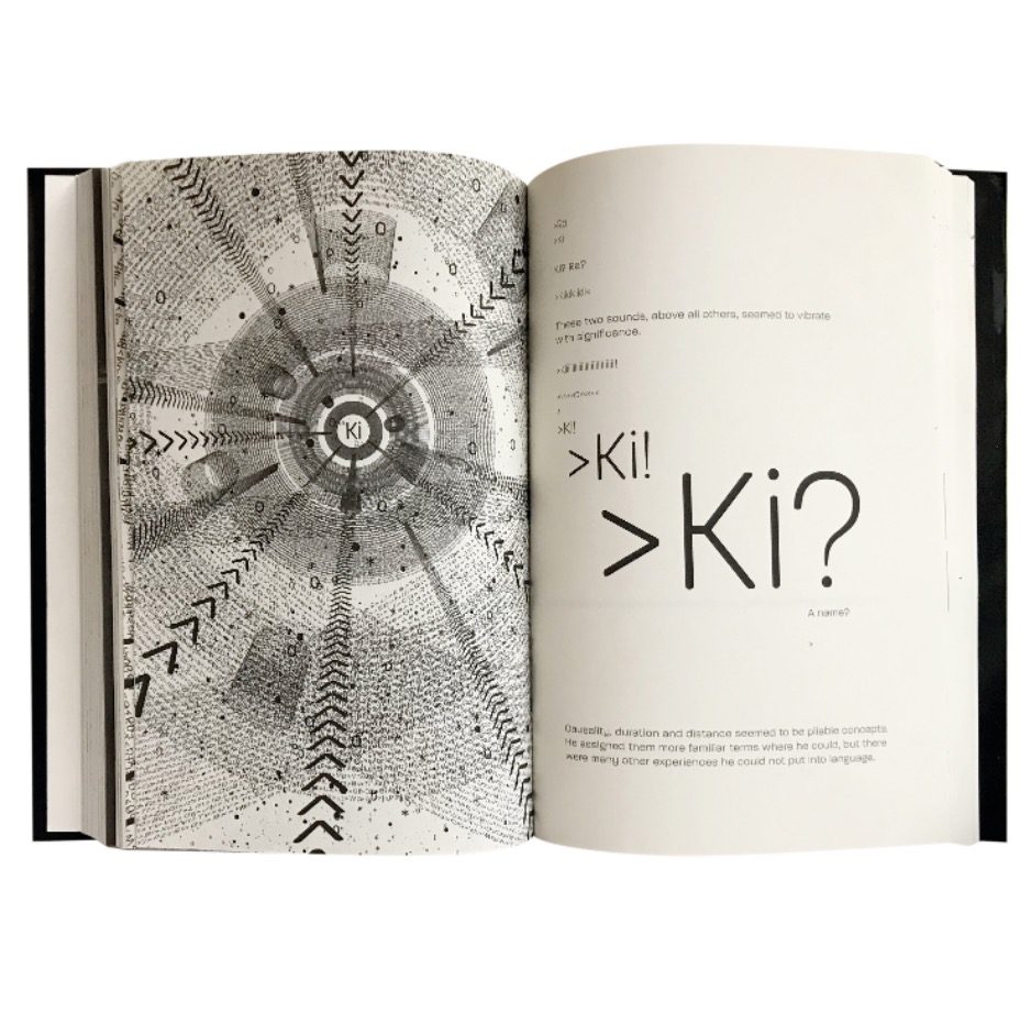 Images of 2 inside pages of the book. One is a crazy overlapping spiral of letters and punctuation marks with Ki at the centre. The other is writing with the word Ki repeated multiple times in large font.