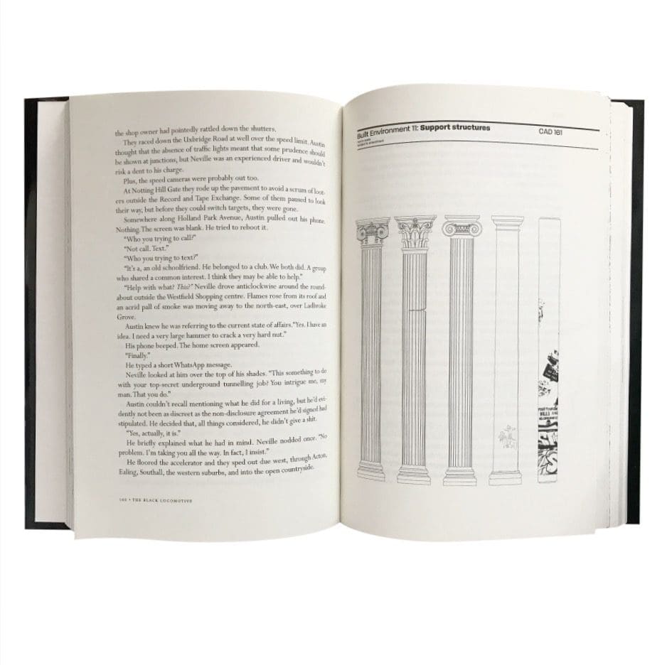 A couple of pages from inside the book. One page is filled with writing, and the other is illustrations of various column types.