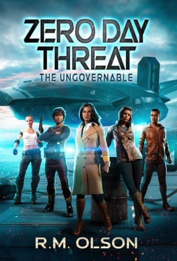the cover for zero day threat which shows five people standing in front of a futuristic jet