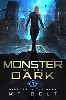 The cover for Monster of the Dark which shows a woman in a black skin-tight suit walking into a sci-fi city.