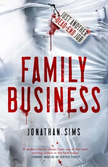 The book cover for Family Business by Jonathan Sims which is a grey body bag with blood on it.