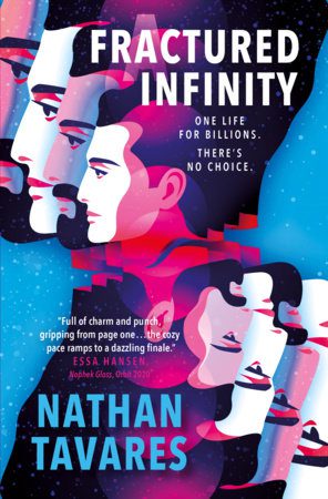 The book cover for A Fractured Infinity by Nathan Tavares, which shows infinite reflected faces of two men.
