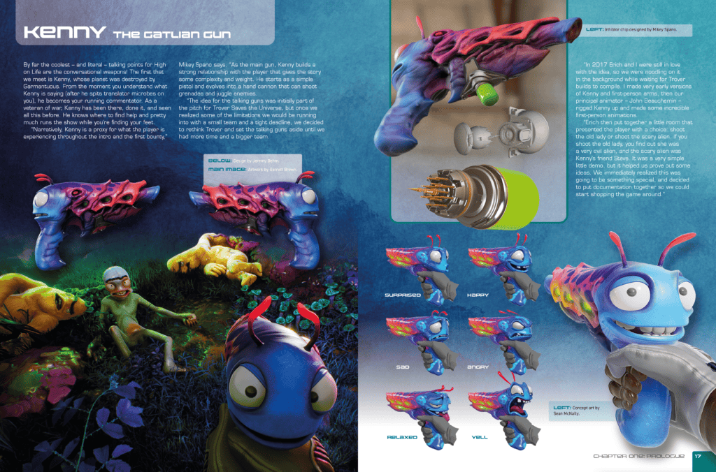A spread from The Art of High on Life looking at the design of Kenny 